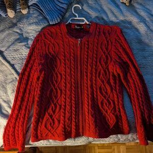Vibrant Red Zip-Up Cable Knit Crewneck Sweater